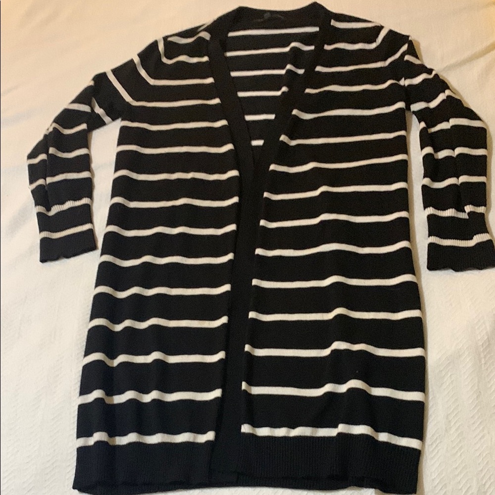 89th & Madison Black and White Striped Cardigan Sweater